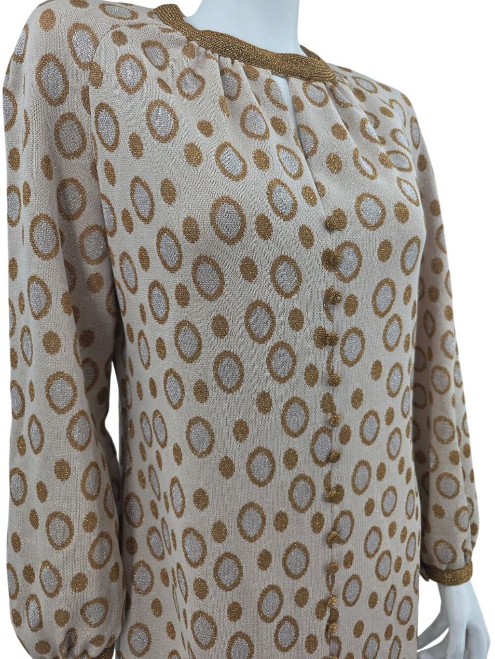 Vintage Tannel Knits "Trevira Era" Gold Metallic Polka Dot Dress Women's 10